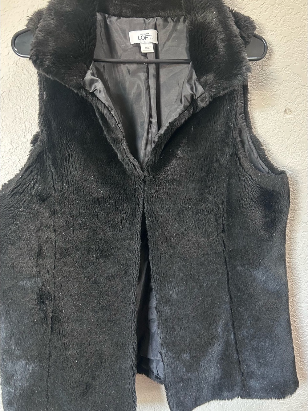 LOFT Black Faux Fur Vest with Collar